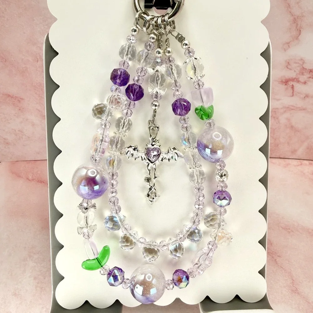 Purple Gothic Bat Cross Phone Wristlet Charm Crystal Beaded Kawaii Bag Keychain